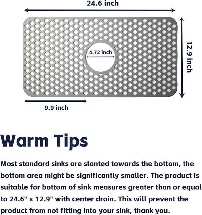 Silicone Sink Mat, 24.6''x 12.9'' Kitchen Sink Protector Grid for Bottom of Center Drain Sink, Gray Non-slip Heat Resistant Liner for Farmhouse Stainless Steel Porcelain Sink