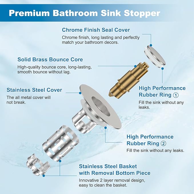 Hibbent 2 Pack Universal Bathroom Sink Drain Strainer, 3 in 1 Pop Up Stopper, Removable Stainless Steel Filter Basket, Brass Bullet Core, Hair Catcher Sink Plug for 1.1''~2.36'' Hole, Brushed Nickel