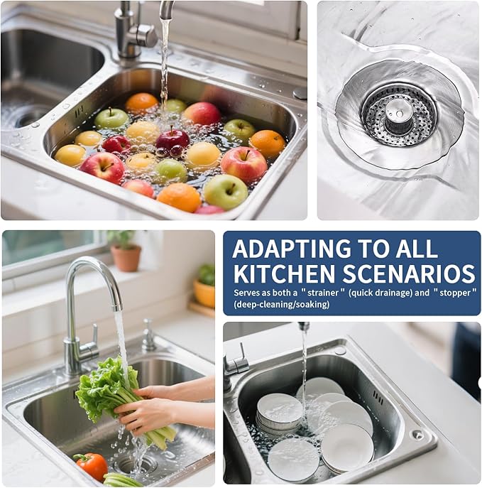 3-in-1 Kitchen Sink Drain Strainer & Sink Stopper - 304 Stainless Steel Pop Up Sink Drain Strainer, Anti-Clogging Kitchen Sink Stopper with Fast Drain Design, Fits Standard 3-1/2'' Sink Drains