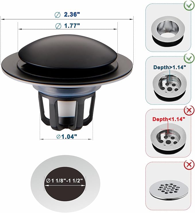 Bathroom Sink Drain Stopper,Welsan Universal Pop Up Drain Strainer with Hair Catcher for 1 1/8"-1 1/2" Drain Hole,Anti-Clogging Design Matte Black