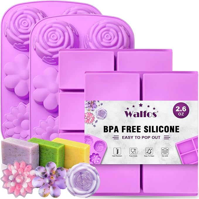 Walfos Soap Molds,4 Pieces Flower and Rectangle Silicone Soap Mold,BPA Free and Dishwasher Safe. Perfect for Homemade Craft Soap, Ice, Mousse, Cake, Jelly.Easy to Pop Out. (Purple)