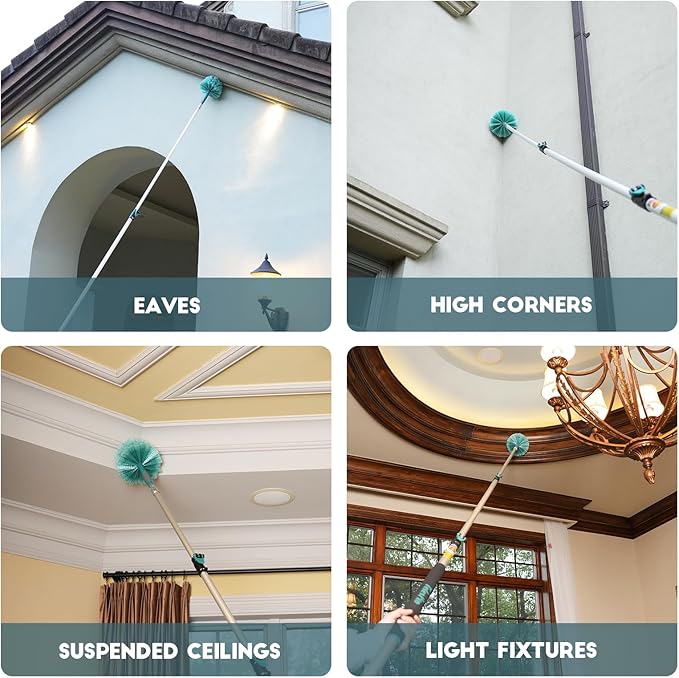 30 Feet High Reach Cobweb Duster with 6-24Ft Extension Pole, Webster Cobweb Duster with 5-Stage Telescopic Aluminum Pole, Spider Web Brush for Outdoor & Indoor Cleaning - Soft Bristles.