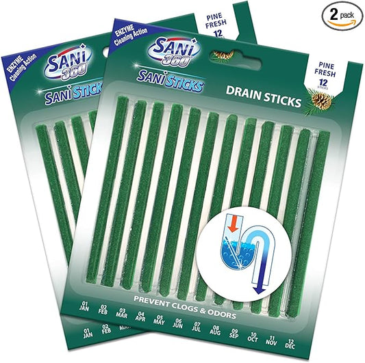 SANI 360° Sani Sticks Drain Cleaner and Deodorizer, Enzyme Pipe Cleaners, Eliminate Odors, Prevent Clogged Drains, Safe for Sinks, Bathtub Drains, Septic Tanks, 24 Count, Pine Scent