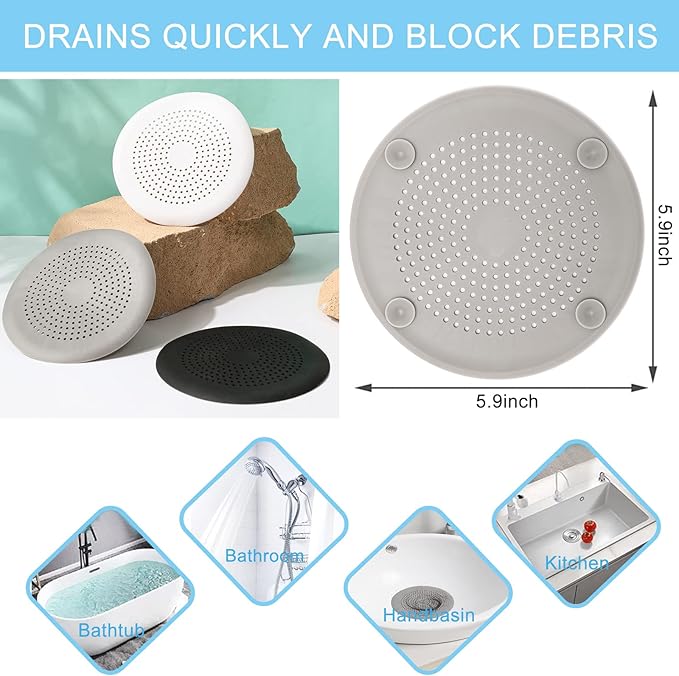 2-Pack Drain Hair Catcher Durable Silicone Hair Stopper Shower Drain Covers Easy to Install and Clean Suit for Bathroom Bathtub and Kitchen（Grey）