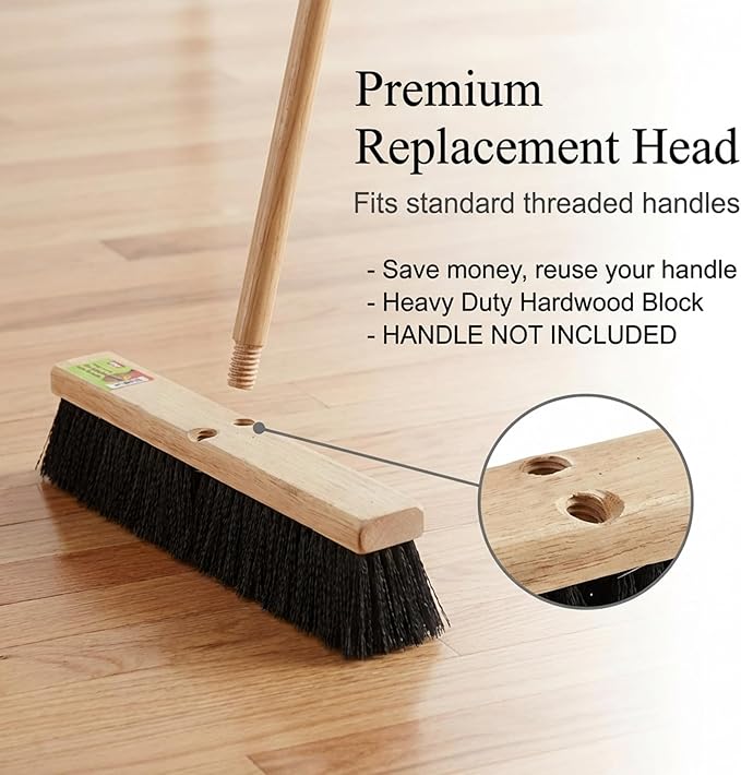 Black Indoor Push Broom Head – Heavy Duty Hardwood Block – Polypropylene Bristles – Deck Scrub Brush – Two Threaded Handle Holes for Better Assist (16")