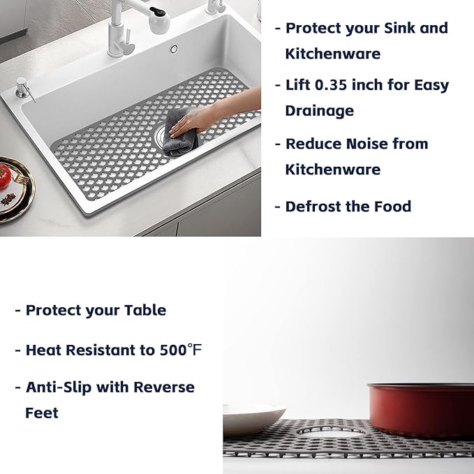 Silicone Sink Mat, 24.6''x 12.9'' Kitchen Sink Protector Grid for Bottom of Center Drain Sink, Gray Non-slip Heat Resistant Liner for Farmhouse Stainless Steel Porcelain Sink