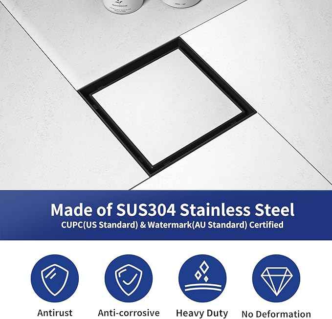 Square Shower Drain 6", Matte Black Floor Drain with Tiled Insert Grate & Hair Strainer, 304 Stainless Steel Bathroom 2-in-1 Tiled in Drain, CUPC Certified (Matte Black, 6'')