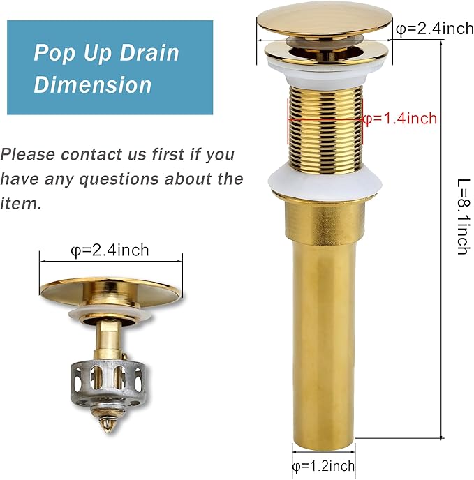 Bathroom Sink Drain, Gold Drain Stopper Bathroom Sink Without Overflow,Pop Up Drain Assembly with Detachable Strainer Basket,Built-in Anti-Clogging Strainer,Stainless Steel
