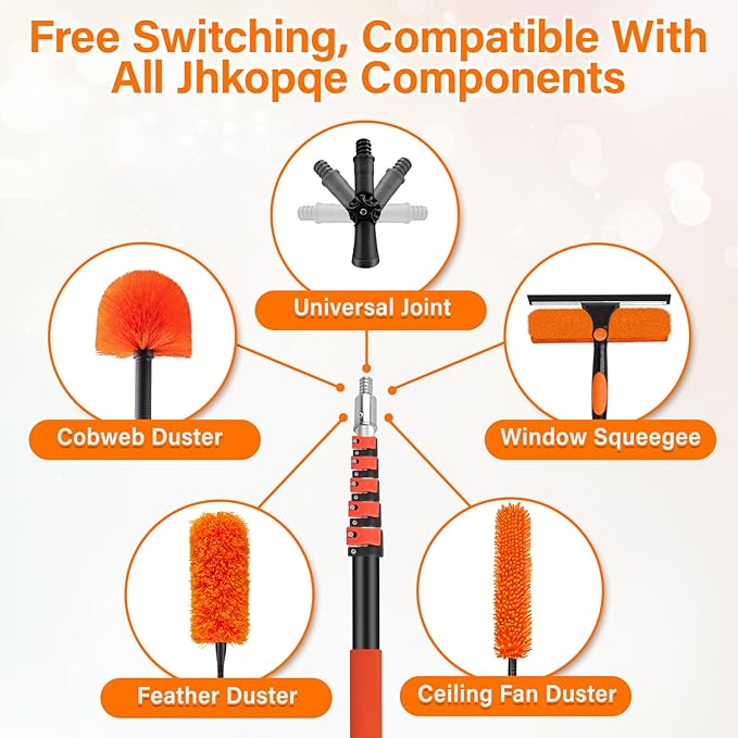 30FT High Reach Duster Cleaning Kit with 24FT Pole | 4-in-1 Tool Set with Universal Swivel Joint | High Ceiling Fan Cleaner, Microfiber Duster & Window Squeegee for Safe High-Reach Cleaning