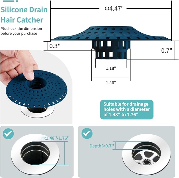 Aluvor Bathtub Drain Hair Catcher,Silicone Tub Hair Catcher Drain Protector,All-in-one Shower Hair Drain Catcher Strainer for 1.48'' to 1.76'' Regular Drains, 3PCS/Navy Blue