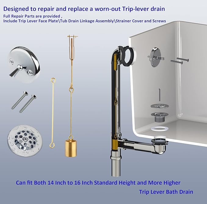 Tub Drain Linkage Assembly with Trip Lever and Strainer Done Cove, Fit for Trip Lever Bath Tub Waste and Overflow Drain by Artiwell