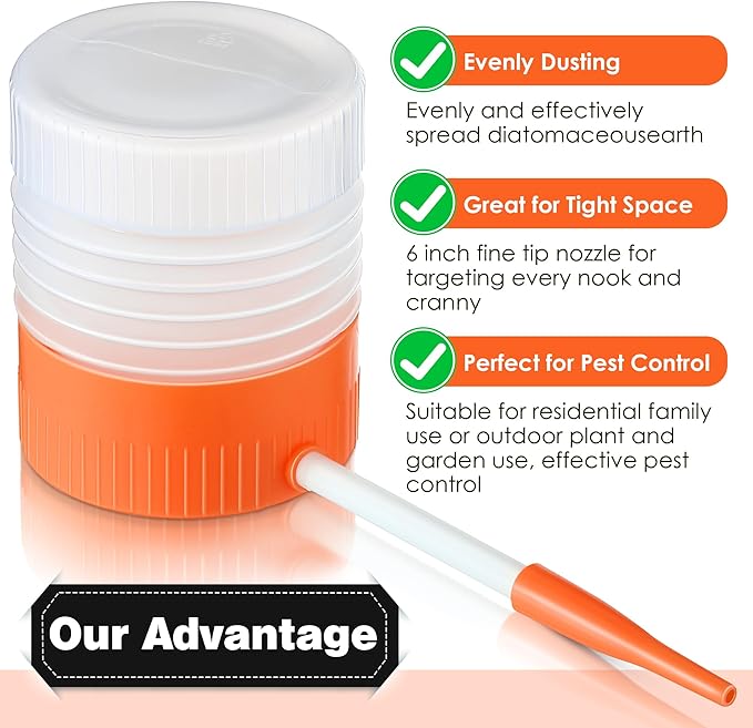 2 Pack Diatomaceous Earth Powder Duster with 6 Inch Nozzle, Diatomaceous Earth Spray Powder Applicator for Pest Control, Gardening & Home Maintenance, Indoor & Outdoor Use (Orange)