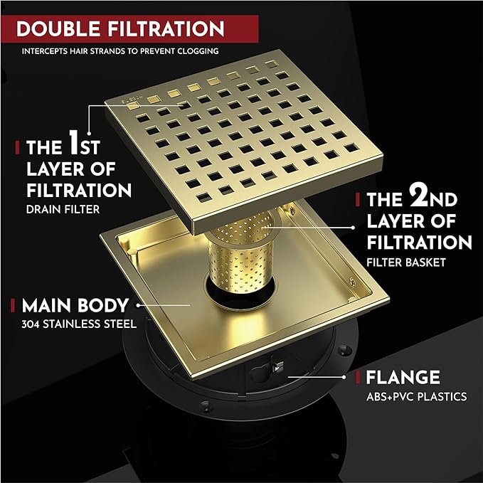 WEBANG 6 Inch Square Shower Floor Drain with Flange,Quadrato Pattern Grate Removable,Food-Grade SUS 304 Stainless Steel,Watermark&CUPC Certified, Brushed Gold