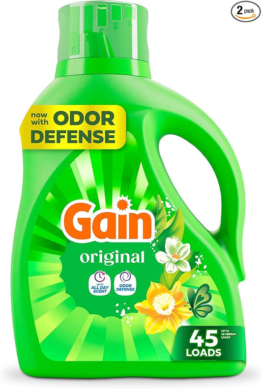 Gain Liquid Laundry Detergent, Original Scent, Freshness + Odor Fighting, High Efficiency Washing Machine Liquid Cleaning Soap, 60 fl oz, Pack of 2 (Packaging May Vary)