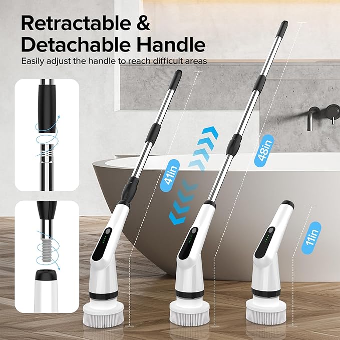 Electric Spin Scrubber, Dreazu IPX7 Shower Scrubber with 7 Replaceable Brush Heads & Retractable Handle, 2-Speed Adjustable Shower Cleaner for Bathroom, Bathtub, Kitchen, Tile Floors