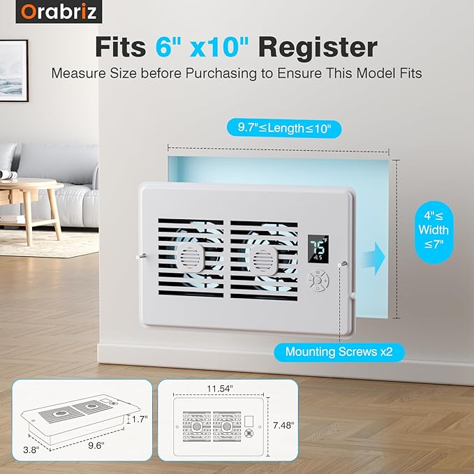 AC Vent Booster Fan 6" x 10" Register, Quiet 10-Speed Vent Booster with Thermostat Control, Remote & LCD Display, Built-in Aroma Pad Slot, Improves AC Heating & Cooling Airflow for Home