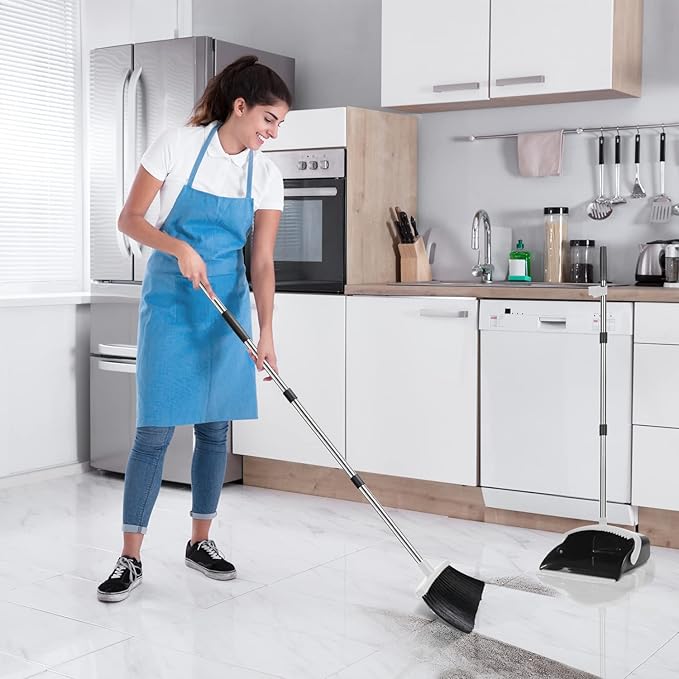 Aifacay Broom and Dustpan Set, Broom with Dustpan Sets, Long Handle Dust Pan, Standing Brooms Combo Set Heavy Duty for Home Kitchen Indoor Outdoor Lobby Office Collapsible Dust pan with Cleaning Teeth