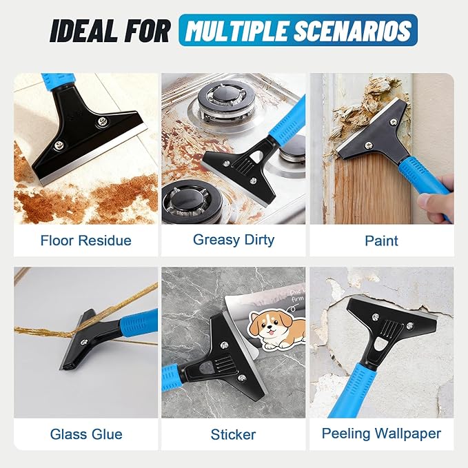Floor Scraper Long Handle Heavy Duty, Adjustable 8"-72" Razor Blade Scraper Tool, 4 Inch Paint Scraper for Cleaning Floors, Walls, Tile, Glass, Adhesive, Wallpaper, Popcorn Ceiling, Gum (2 Pack)