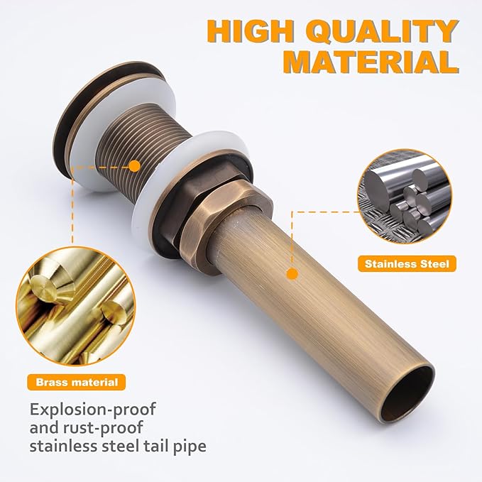 Beelee Bathroom Sink Drains Pop Up Drain with Overflow for Vanity Vessel Sinks Without Overflow, Antique Brass Finish,BLDW9440A