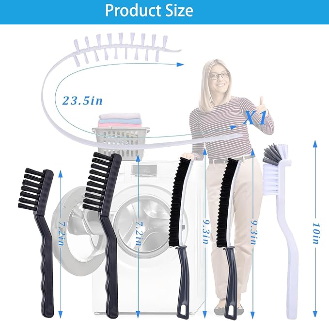 Washing Machine Cleaning Brush Set - 6-Piece Kit with 5 Crevice Cleaners & 1 Drum Brush for Front Load Washer | Nylon Bristle Rubber Seal Scrubber | Tight Space Accessories
