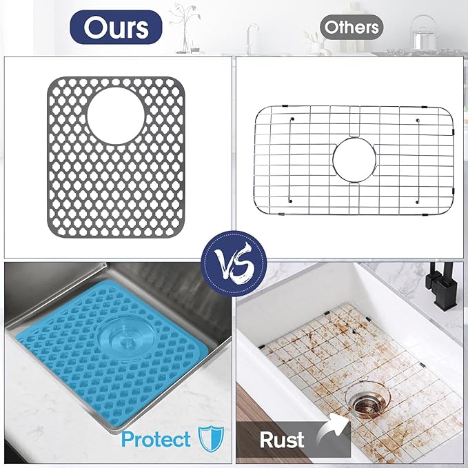 2PCS Silicone Sink Protector 12"x14" Rear Drain Hole, Heat Resistant Non-slip Dishwasher Suitable, Large Mat for Bottom of Farmhouse Kitchen Stainless Steel Sink
