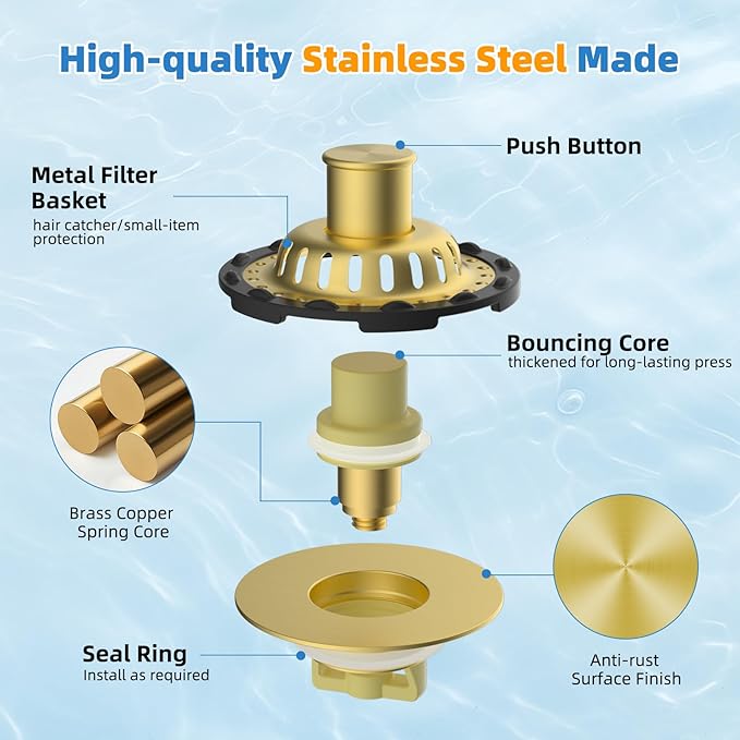 Universal Bathtub Drain Stopper Shower Hair Catcher Bathroom Sink Strainer, Tub Stopper with Visible Top Strainer, Brass Metal 3 in 1 Pop-up Stopper for Standard 1.1''~2.36'' Hole, Brushed Gold