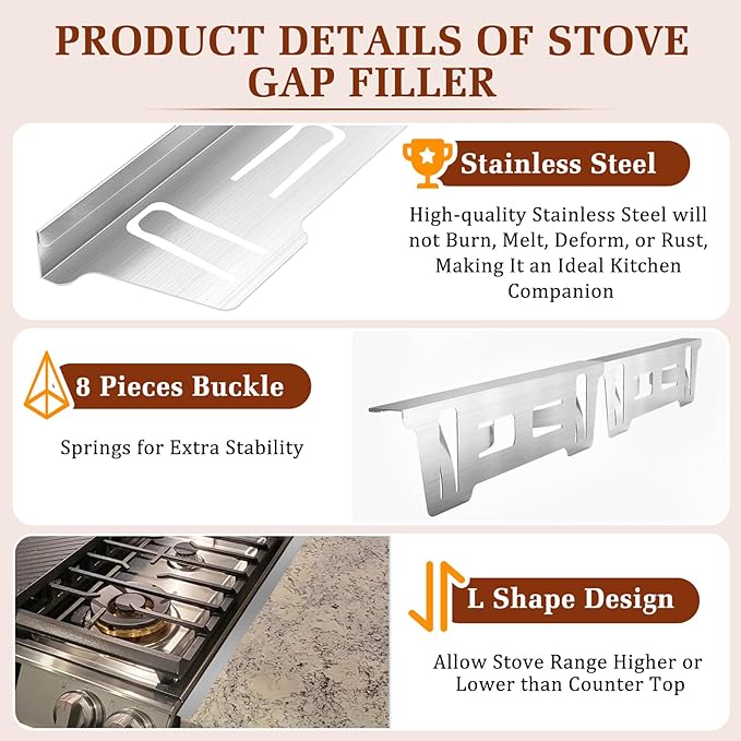 Stainless Steel Stove & Counter Top Gap Covers Adjustable Length 13.8"-27.6”Oven Side Filler Kit Between, Heat Resistant Slide-in Range Trim Guard for Seamless Kitchen Accessories (Silver)