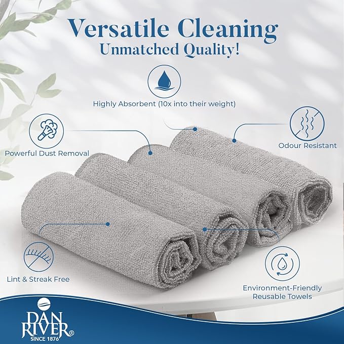 DAN RIVER 24-Pack Gray Microfiber Towels – Ultra Absorbent, Lint-Free & Streak-Free Cleaning Cloths for House, Car & Kitchen - Must-Have Cleaning Essentials - 12" x 12"