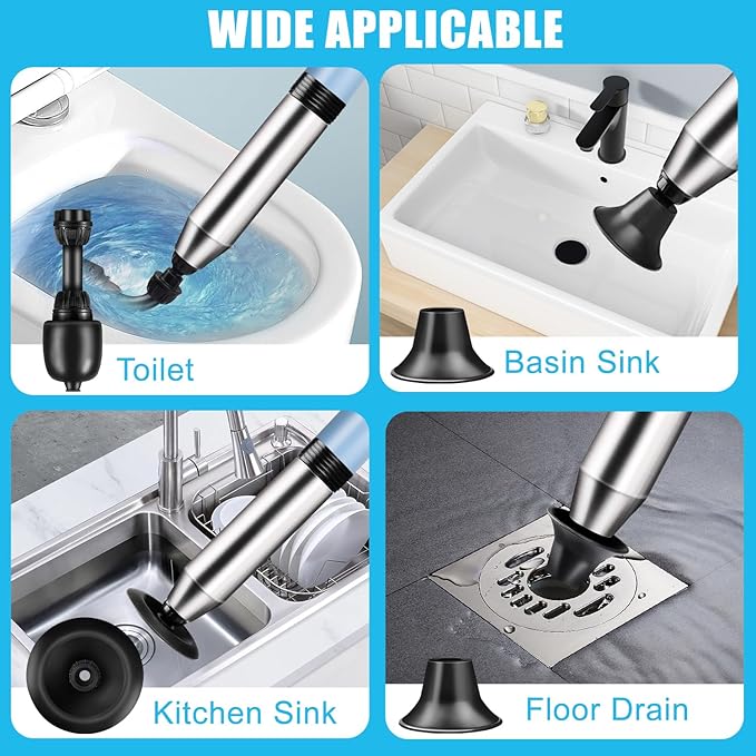 Electric Toilet Plunger - Fast Unclogging Power with High Pressure Air Technology for Clogged Toilets, Sinks, Showers, Bathtubs and Pipes, Heavy Duty Home Drain Unclogger Kit