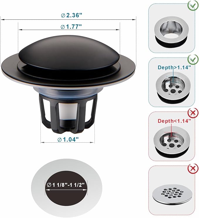Matte Black Bathroom Sink Drain Stopper,Welsan Universal Pop-Up Drain Stopper Plug Strainer with Hair Catcher for 1 1/8"-1 1/2" Drain Hole-2 Pack