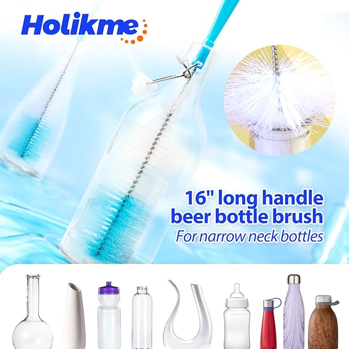 Holikme Bottle Brush Tube Cleaning Lab Set with Long Handle, Cup Cleaner for Washing Narrow Neck Beer Wine Decanter Pipes Lids Sinks Cap Covers, Green
