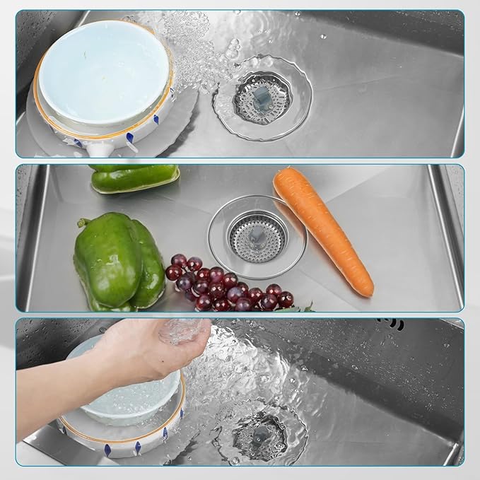 Hibbent 3 in 1 Kitchen Sink Drain Strainer, Stainless Steel Wrapped Shell Drain Stopper Combo, Pop Up Sink Stopper, 3 SUS304 Anti-Clogging Basket Strainer with Handle for US Standard 3-1/2" Drain