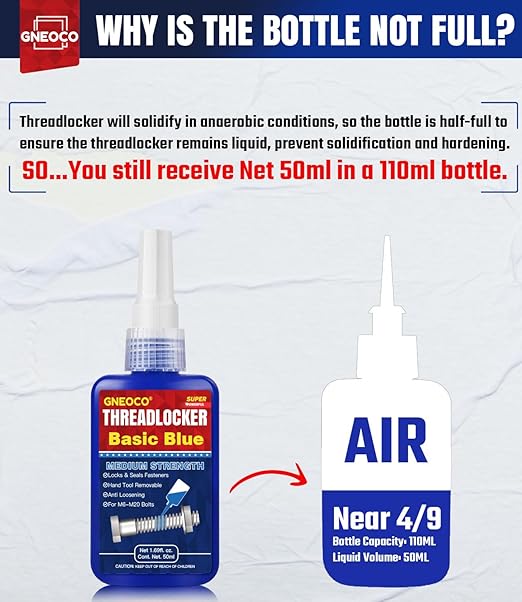 ThreadLocker Blue, Thread Lock Medium Strength Lock Tight for Nuts, Bolts, Fasteners and Metals, Anaerobic Curing Metal Glue to Prevent Loosening and Corrosion (medium-50ml)
