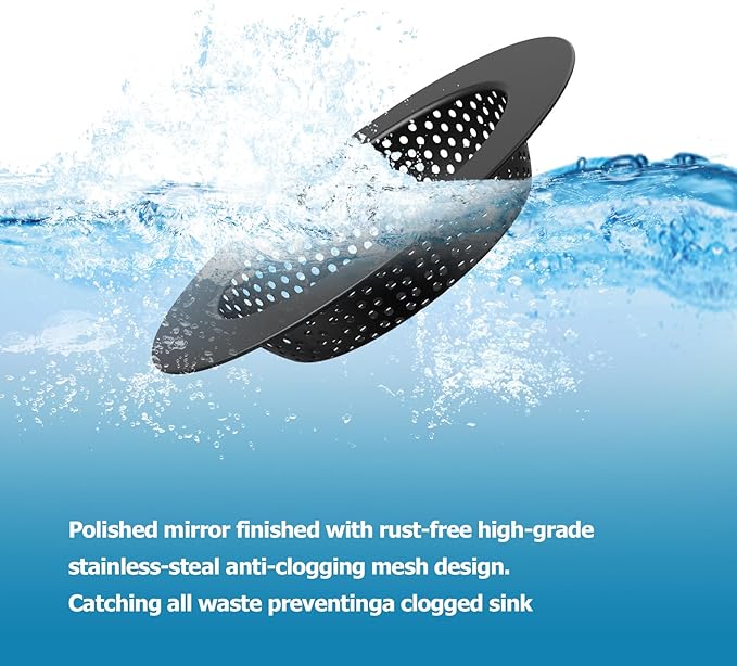Black Kitchen Sink Drain Strainer, Sink Drain Cover, Food Catcher, Large Wide Rim 4.5" Diameter, Stainless Steel, Pack of 2