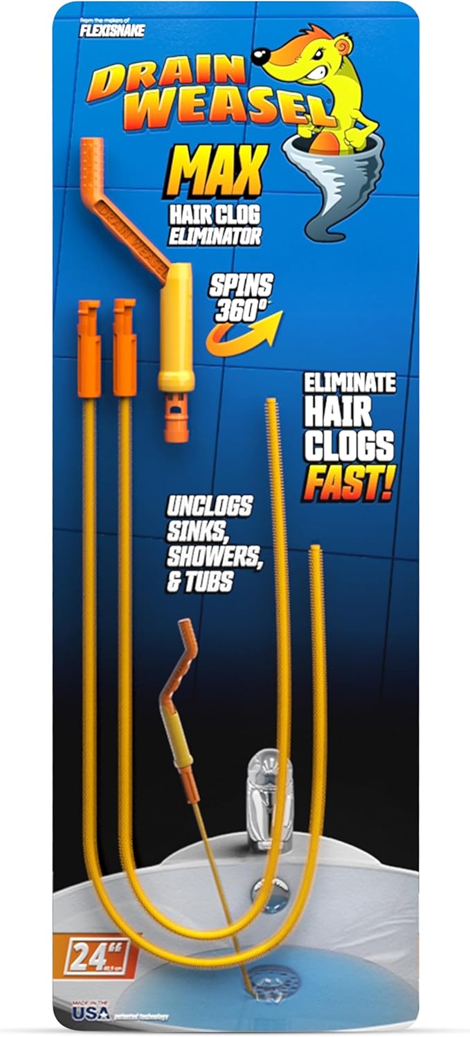 FlexiSnake Drain Weasel Sink Snake Hair Clog Remover Tool, Pipe, Bathroom, Bathtub Drain Cleaner, 24" Made in The USA 2 Wands and Removable Handle