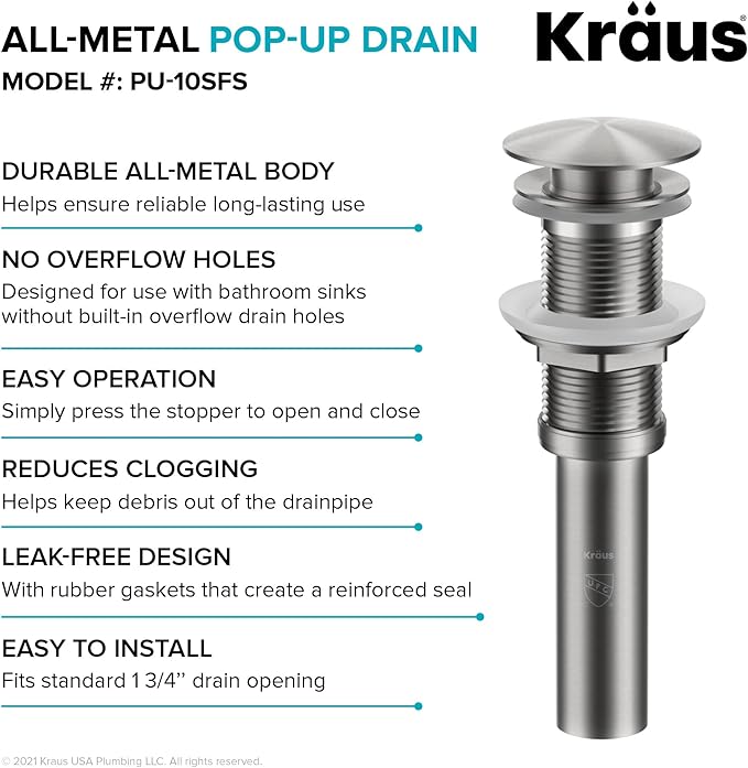 KRAUS Pop-Up Drain for Bathroom Sink Without Overflow in Spot-Free Stainless Steel, PU-10SFS