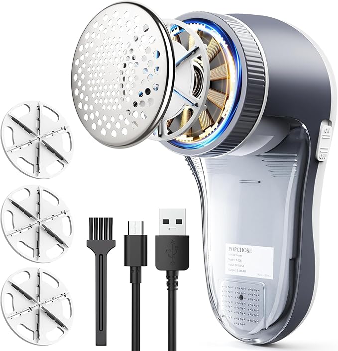 POPCHOSE Fabric Shaver, Lint Shaver for Clothing, Electric Lint Remover with 6-Leaf Blades, Sweater Defuzzer, Clothes Shaver for Couch, Furniture, Blanket, Remove Pilling, USB Rechargeable