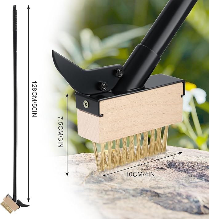 Weed Moss Remover Brush with Long Handle(50IN), Crack Weeder Moss Removal Tool with Wire Brush & Scraper, Weed Puller Crevice Cleaning, Remove Weeds on Roof Deck Driveway Paver(4 Brushes)
