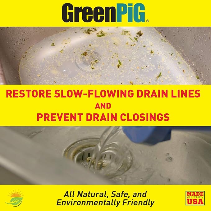 GREEN PIG Drain Clog Remover, Garbage Disposal Cleaner and Deodorizer, 58 Restore Maintain Treatment Repairs Clogged Drain, Eliminates Odors, Safe for Regular Use, 12 Packets