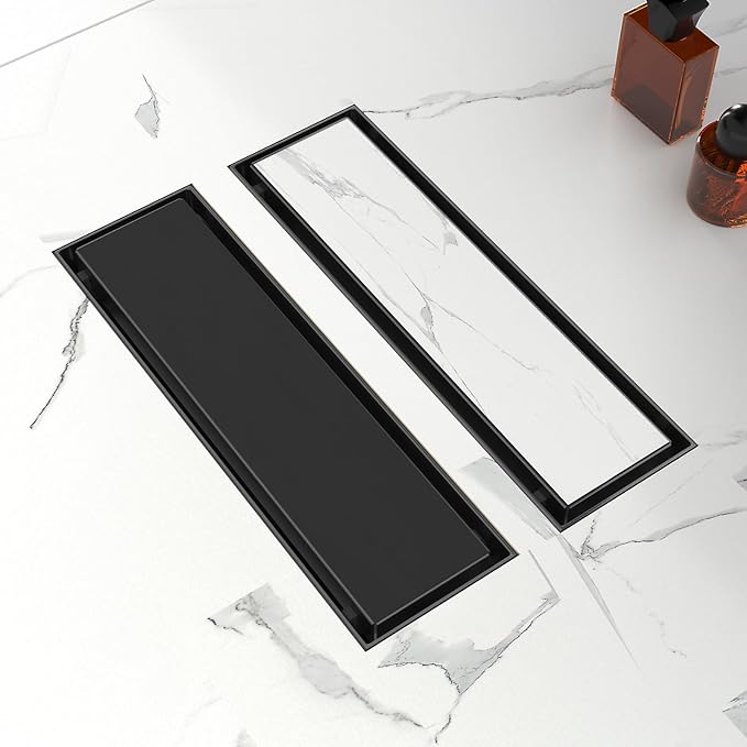 12-Inch Linear Shower Drain with Tile Insert Grate, SUS 304 Stainless Steel Linear Drain, Matte Black Long Rectangle Shower Floor Drain with Leveling Feet, Hair Strainer, Fits Bathroom