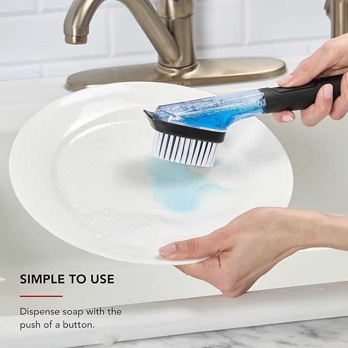 KitchenAid Soap Dispensing Sink Brush with Easy to Fill Handle, Nylon Bristles for Tough Cleaning, Comfort Grip Handle for Non Slip Grip, Black (Pack of 12)