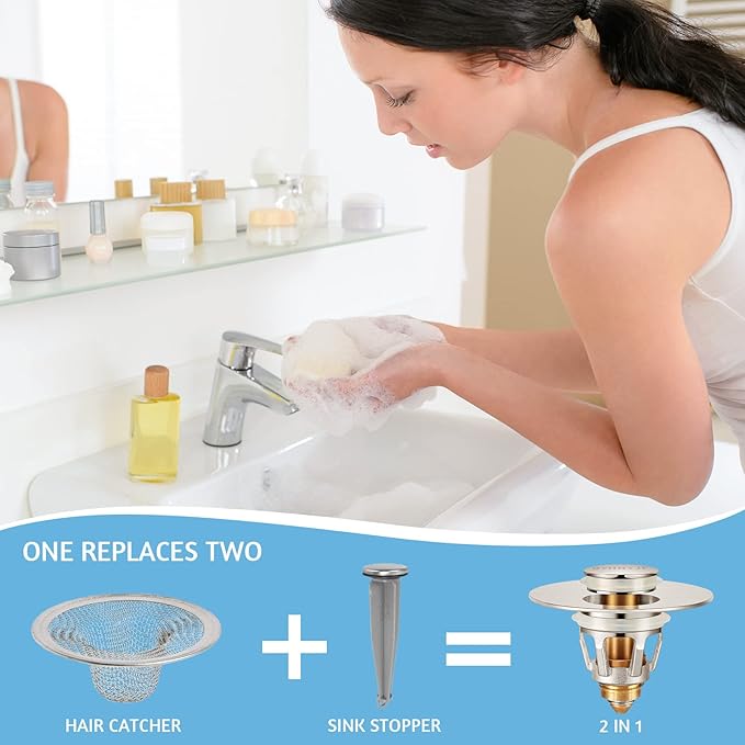 Bathroom Sink Stoppers Brushed Nickel – Pop Up Drain Stopper & Strainer, 2-in-1 Universal Sink Stopper for 1.1" to 1.5" Bathroom Sink Drain Pipes, Brushed Nickel Finish