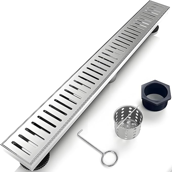 32 Inch Linear Shower Drain Bathroom Kitchen Silver Floor Drain Removable Capsule Pattern Cover Accessories Shower Drain 304 Stainless Steel Drain with Hair Strainer Adjustable Leveling Feet