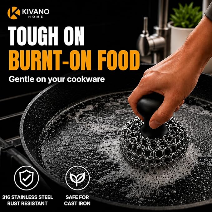 Cast Iron Scrubber with 2 Pan Scrapers – 316L Stainless Steel Chainmail Cleaner for Cast Iron Skillets, Woks & Grill Pans