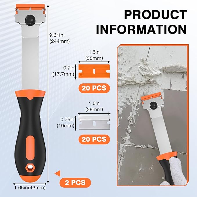 2 Pack Razor Blade Scraper Tool with 20 Metal & 20 Plastic Razor Blades, Multi-Purpose Long Handle Heavy Duty Scraper Tool for Cleaning Cooktop, Oven, Floor, Paint, Tile, and Window Glass