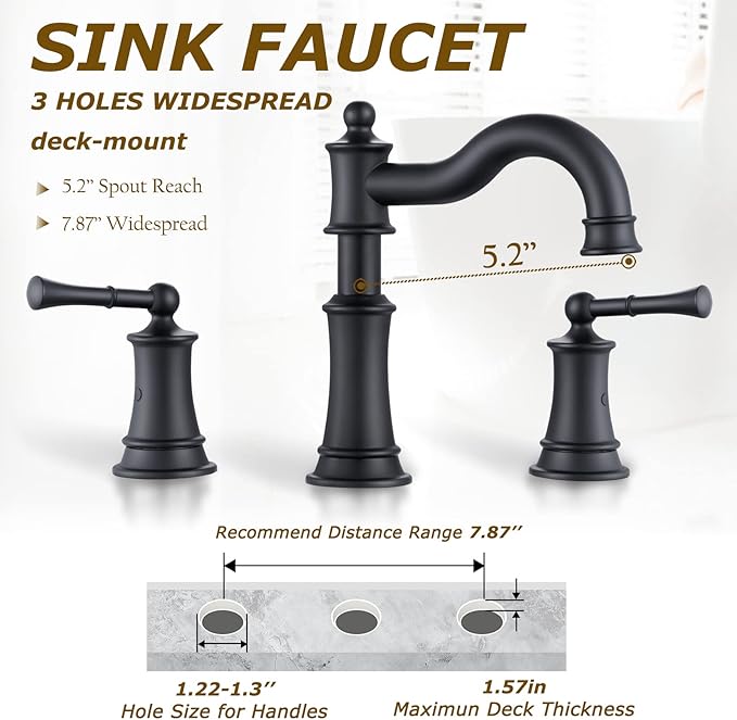 Roman Bathroom Sink Faucet Deck Mount or Wall Mount Installation Pop-up Drain Assembly with Overflow Deck Plate and Water Supply Lines Included (3 Hole Deck Mount, Matte Black)