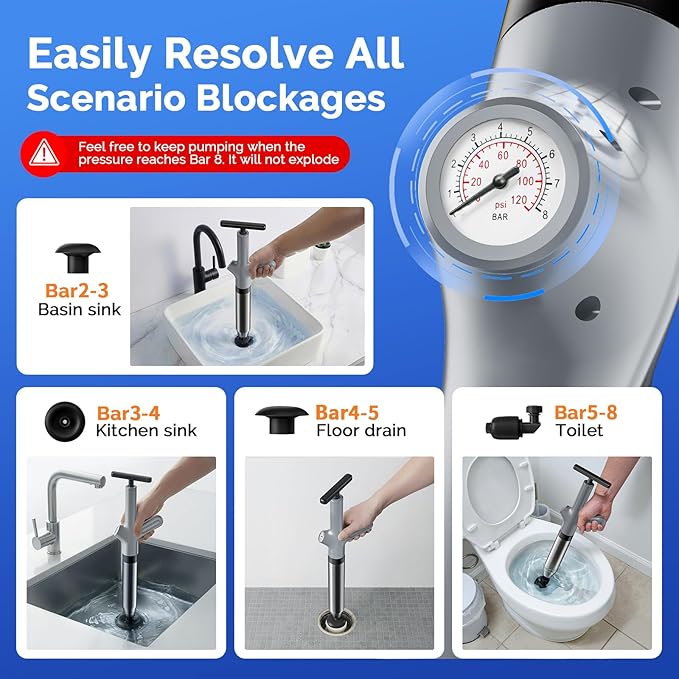 HAMITOR Toilet Plunger Drain Clog Remover: High Pressure Air Plunger & Heavy Duty Toilet Snake with Barometer for Sink, Drain Clogs - Unclogging Tool for Failed Traditional Plungers, Grey