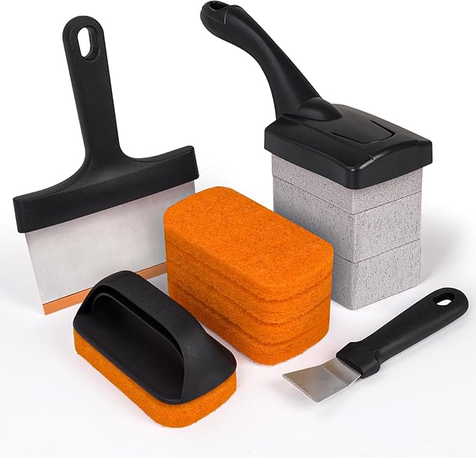 SHINESTAR 12-Piece Griddle Cleaning Kit for Blackstone Flat Top Grill, Includes Scouring Pads with Handle, Cleaning Brick, Scraper, Brush – Deep Cleaning, Degreaser & Stain Removal