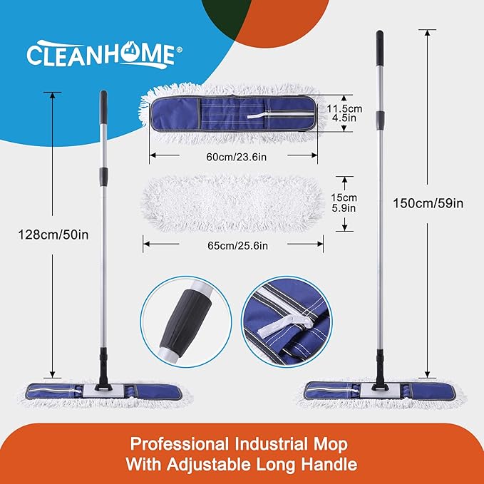 24" Commercial Dust Mop for Floor Cleaning, Heavy Duty Duster Floor Mop with 59” Extendable Long Handle,Hotel Gym Garage Hospital Household Cleaning Supplies for Hardwood,Marble Floors,Blue