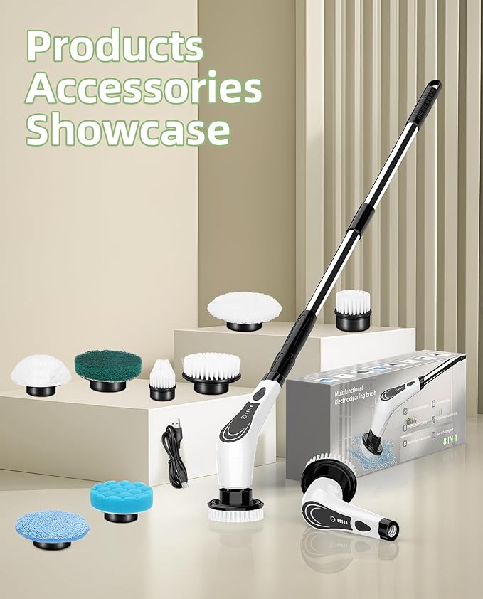 Electric Spin Scrubber, Cordless Power Scrubber with 7 Brush Heads &Telescopic Handle, Lightweight Bathroom Scrubber for Cleaning Tile Grout Tub Shower Floor Window, White-rx2